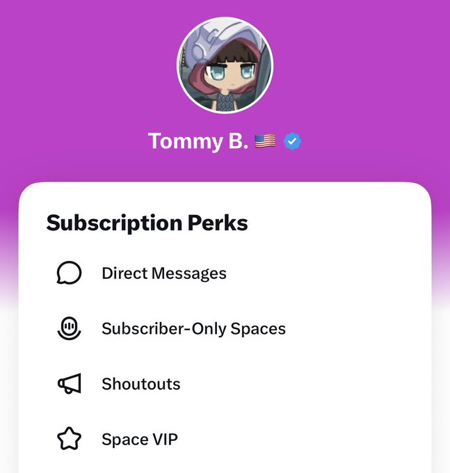 The image shows a subscription perks page for "Tommy B." featuring a chibi-style avatar, highlighting benefits like Direct Messages, Subscriber-Only Spaces, Shoutouts, and Space VIP, which directly promotes the VIP subscription tier mentioned in the accompanying post.