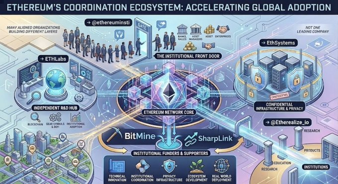 An infographic titled 'ETHEREUM'S COORDINATION ECOSYSTEM: ACCELERATING GLOBAL ADOPTION' showing various interconnected entities including @ethereuminsti, ETHLabs, EthSystems, @Etherealize_io, and institutional supporters BitMine and SharpLink, with a central Ethereum Network Core.