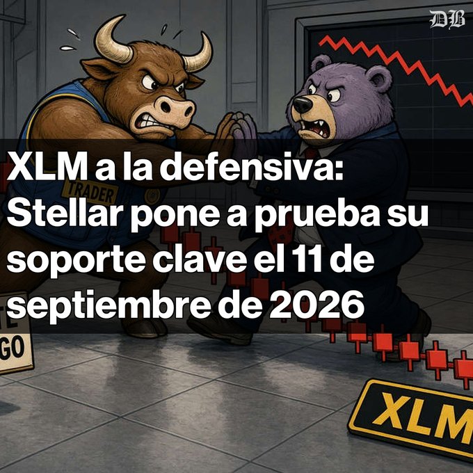 A cartoon illustration of a bull pushing against a bear in a suit with red downward arrows in the background, overlaid with text in Spanish: 'XLM a la defensiva: Stellar pone a prueba su soporte clave el 11 de septiembre de 2026' and a 'XLM' floor sign.