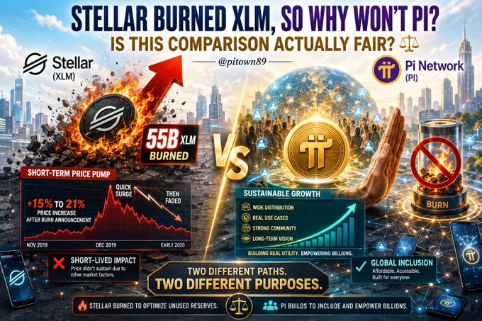 An infographic comparing Stellar (XLM) and Pi Network (PI), with the headline 'STELLAR BURNED XLM, SO WHY WON'T PI?' and noting that 55B XLM was burned, while contrasting 'short-lived impact' with 'sustainable growth'.