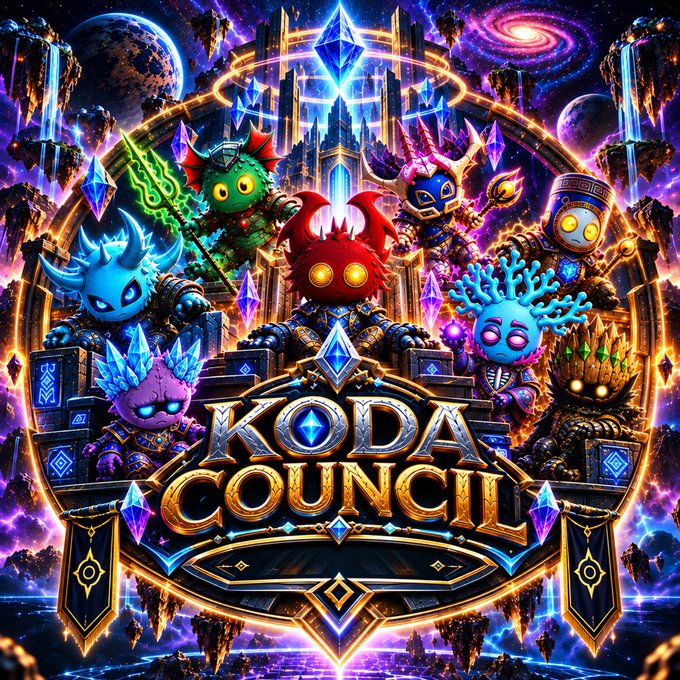 Colorful fantasy-style digital artwork titled 'Koda Council,' depicting a group of seven glowing-eyed, horned or crowned monster characters seated on stone thrones against a cosmic background with planets and a central crystal.