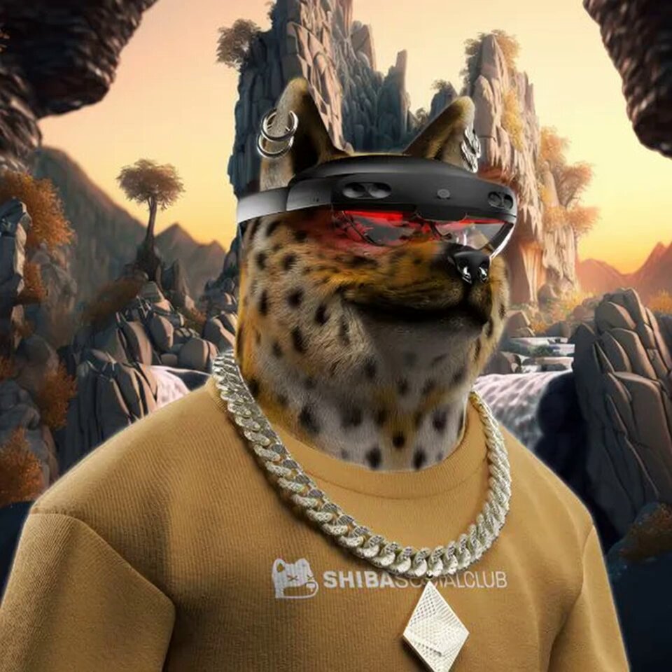 ursa, the Shiba Inu dog, wears a gold chain necklace and sunglasses while standing on a rocky cliff with a waterfall backdrop.