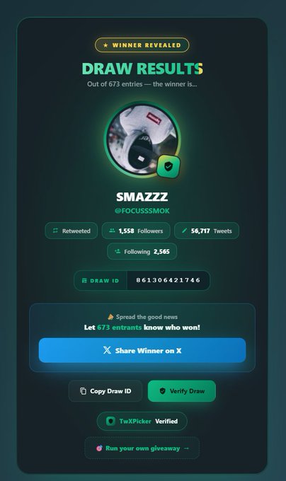 The image shows a TuzxPicker giveaway draw results announcement declaring "@SMAZZZ @FOCUSSSMOK" as the winner out of 673 entries, displaying their profile stats (1,558 followers, 56,717 tweets) and Draw ID 861306421746. This visual confirmation supports the post celebrating FOCUSSSMOK's $100 giveaway win and requesting their USDT address for prize delivery.