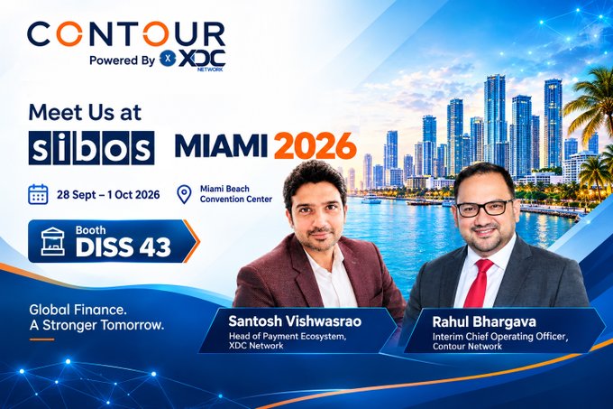 This is a promotional graphic inviting attendees to meet the Contour (powered by XDC Network) teams at Sibos Miami 2026, held from September 28 to October 1, 2026, at the Miami Beach Convention Center, Booth DISS 43. The image features photos of Santosh Vishwasrao (Head of Payment Ecosystem, XDC Network) and Rahul Bhargava (Interim Chief Operating Officer, Contour Network), with the tagline "Global Finance. A Stronger Tomorrow." set against a Miami skyline backdrop. The graphic visually supports the post by highlighting the key people, event details, and branding for the blockchain and digital trade collaboration being promoted.