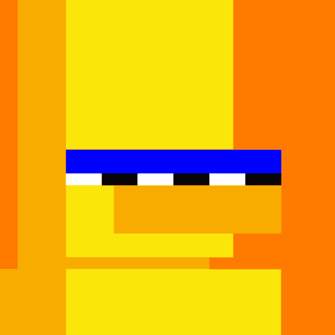 An abstract pixel art composition featuring blocks of yellow and orange with a blue rectangle and black-and-white striped bar in the center.