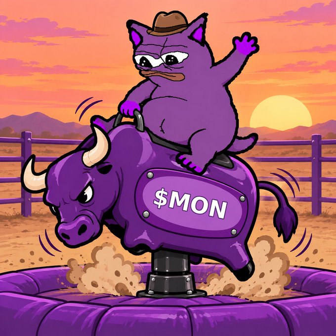 A cartoon illustration of a purple cat wearing a brown cowboy hat riding a bucking purple mechanical bull labeled '$MON' at sunset.