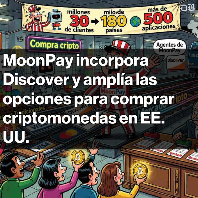 An illustrated graphic showing 'MoonPay incorpora Discover y amplía las opciones para comprar criptomonedas en EE.UU.' with cartoon characters buying Bitcoin via various payment methods like Visa and Mastercard.