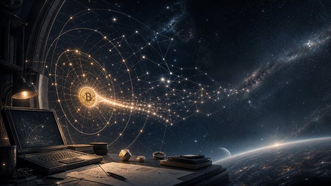 A digital artwork depicting a workspace with a laptop and desk lamp by a large window overlooking a galaxy and cosmos, featuring a glowing Bitcoin symbol connected by a network of light particles.