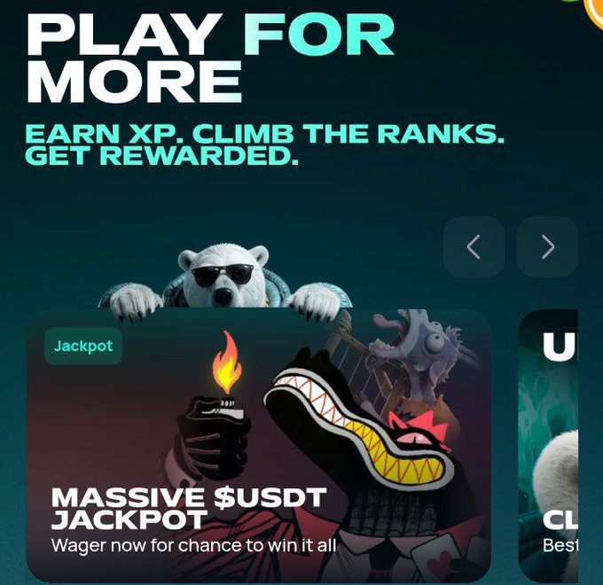 The image shows a promotional graphic for a gaming platform featuring the bold headline "PLAY FOR MORE" with the tagline "EARN XP. CLIMB THE RANKS. GET REWARDED." It displays a polar bear mascot wearing sunglasses peeking over a "MASSIVE $USDT JACKPOT" card with a "Jackpot" label. While the post discusses cryptocurrency details about $MNTD tokens, whitepapers, and TGE information, the image itself focuses on a separate gaming rewards promotion rather than those specific crypto announcements.