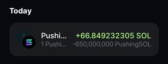 The image shows a transaction notification stating "Pushi..." with "+66.849232305 SOL" received and "-650,000,000 PushingSOL" sent, indicating a large-scale token sell-off. This directly illustrates the post's narrative, confirming that the PushingSOL developer dumped 650 million of his own tokens back to SOL after initially returning the $ANSEM tokens.