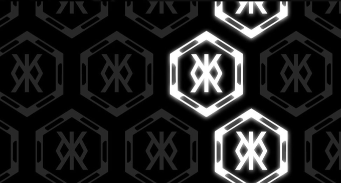 A repeating black background pattern featuring hexagonal logos with stylized 'XK' lettering, with three hexagons highlighted in glowing white.