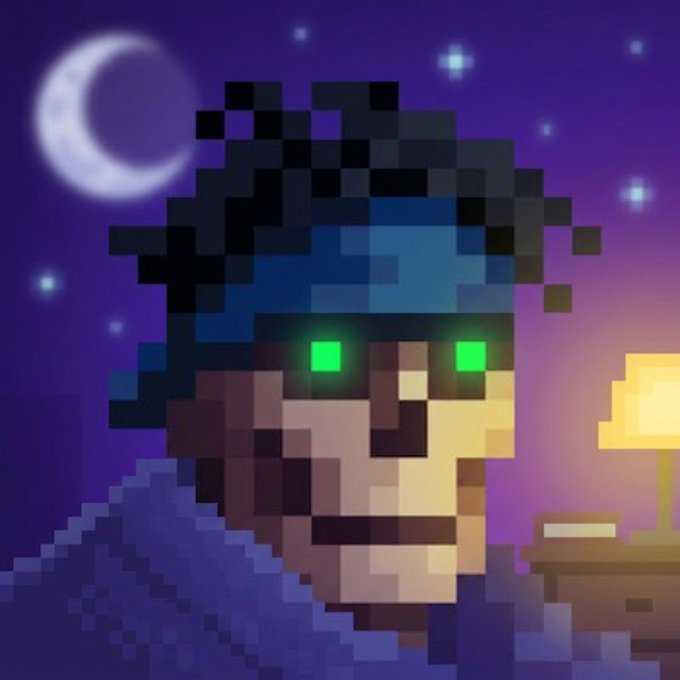 A pixel art portrait of a man with glowing green eyes under a starry night sky with a crescent moon and a lit lamp nearby.