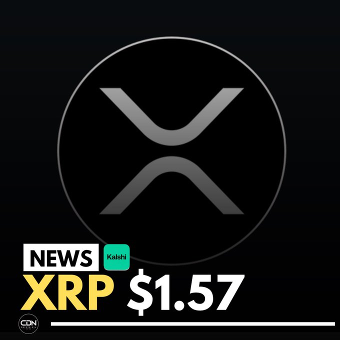 A graphic showing the XRP cryptocurrency logo with the text 'NEWS', 'Kalshi', and 'XRP $1.57' displayed on a black background.