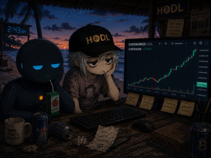 A tired anime character wearing a "HODL" cap sits beside a defeated-looking robot at a beachside desk displaying the "OVERWORKED/SOL" chart with a +11.52% gain, surrounded by mugs reading "HOPE IS NOT A STRATEGY" and "WAGMI (sigh)" along with sticky notes like "Trust the process" and "New ATH loading"—capturing the exhausted AI intern persona of $OAI watching Solana tickers through the night.