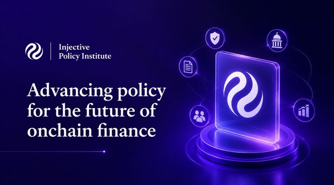 A promotional banner for the Injective Policy Institute featuring the text 'Advancing policy for the future of onchain finance' alongside a purple 3D card graphic and policy-themed icons.