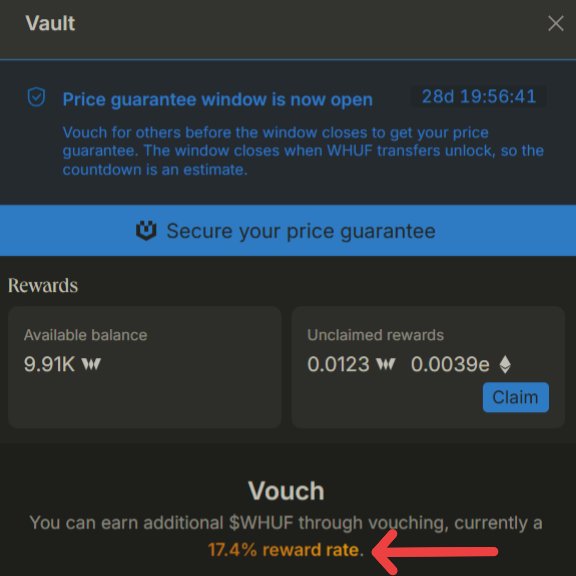 A screenshot of the Vault interface showing a 28-day countdown timer for the price guarantee window, an available balance of 9.91K WHUF, and unclaimed rewards of 0.0123 WHUF and 0.0039e ETH, with a red arrow highlighting the 17.4% reward rate for vouching tokens.