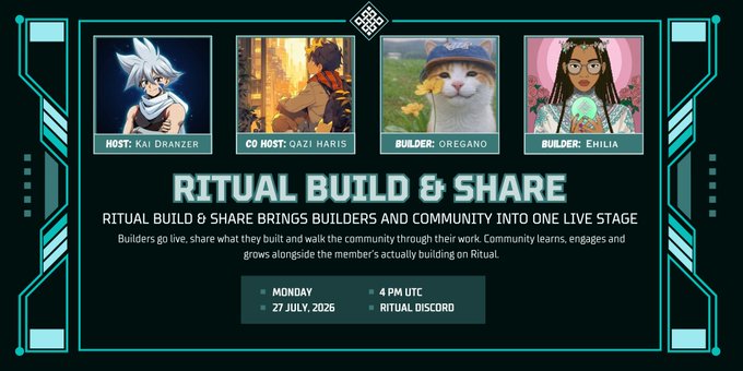 A promotional banner for 'Ritual Build & Share' featuring hosts Kai Dranzer and Qazi Haris, builders Oregano and Emilia, scheduled for Monday 27 July 2026 at 4 PM UTC on Ritual Discord.