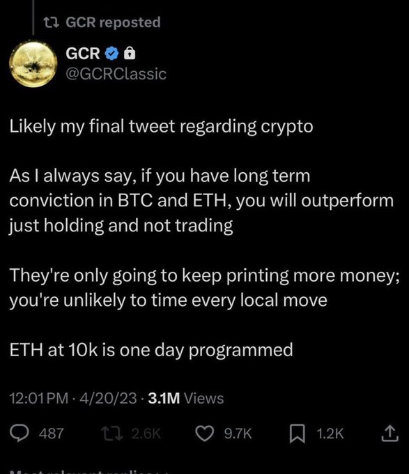 A reposted tweet from @GCRClassic (GCR) dated 4/20/23 with 3.1M views, stating that holding BTC and ETH long-term outperforms trading, adding that "ETH at 10k is one day programmed"—directly aligning with the accompanying post's ETH price prediction.