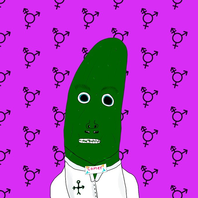 A cartoon illustration of a green pickle-like character with a human face wearing a white shirt, with a name tag reading 'Comet,' set against a purple background patterned with transgender symbols.