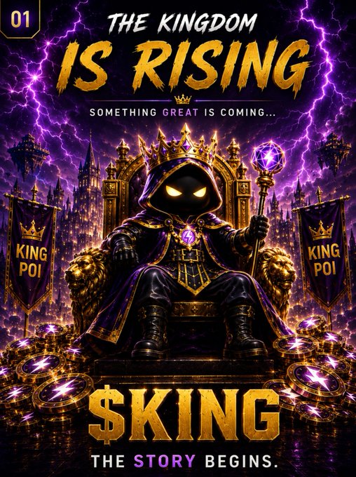 A hooded king sits on a golden throne surrounded by lightning, glowing purple coins, and banners reading "KING POI," with bold text announcing "THE KINGDOM IS RISING" and "$KING — THE STORY BEGINS." The mystical, throne-room imagery aligns with the post's theme of a new $KING token legend emerging within the Lightchain AI ecosystem.