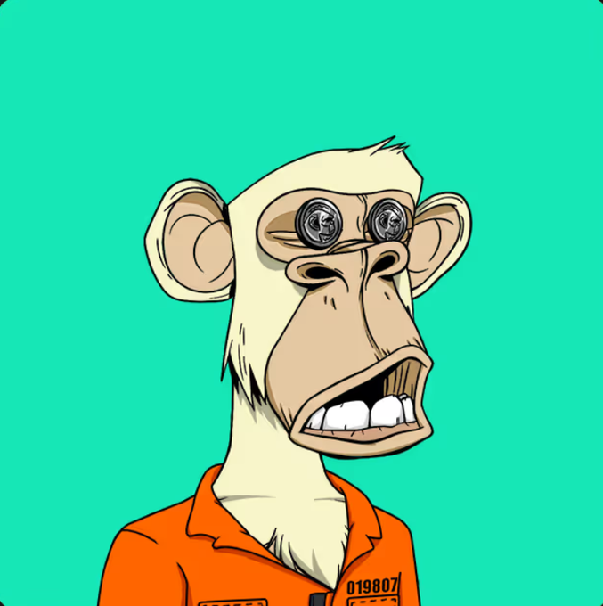A cartoon monkey in an orange jumpsuit with the number "019807" looks panicked, its eyes replaced by coins—a visual reference to the Bored Ape Yacht Club (BAYC) NFT collection, fitting the "BAYC 4 Life" theme.