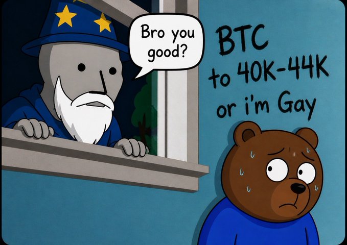 The cartoon shows a sweating, worried bear being asked "Bro you good?" by a hat-wearing character at a window, alongside the text "BTC to 40K-44K or i'm Gay," humorously referencing the bearish sentiment as Bitcoin drops to the $40K–$44K range.