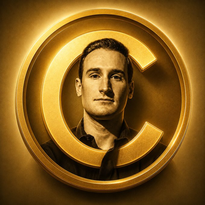 The image shows a young man with short hair and a dark shirt, whose portrait is framed within a large golden letter "C," evoking the logo-style branding commonly associated with crypto tokens. This visual reinforces the post's reference to "$CATE," presenting the man as a central figure or "face" of the $CATE token while he rallies retail investors to join him for the bull run.