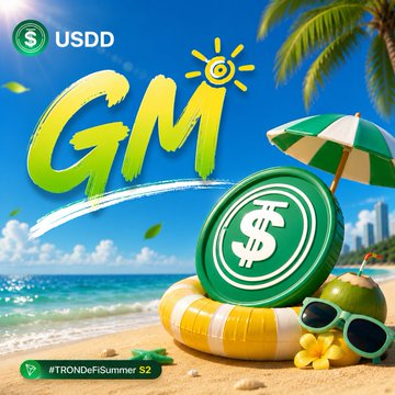 A vibrant beach scene features a green USDD coin lounging on a yellow and white swim ring under a colorful umbrella, with palm trees, sunglasses, and tropical fruits completing the summer vibe. The image, tagged #TRONDeFiSummer $2, complements the post's theme by contrasting the peaceful "sleeping soundly" luxury with the tropical, relaxing stability that USDD aims to provide amid market turbulence.
