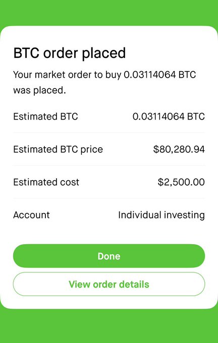 A confirmation screen for a BTC purchase order, showing 0.03114064 BTC estimated at a price of $80,280.94, with an estimated cost of $2,500.00 placed in an Individual investing account.