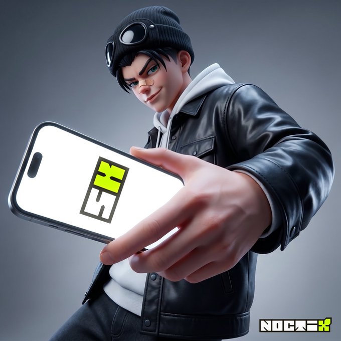 3D rendered character in a black jacket, white hoodie, and beanie with goggles, holding out a smartphone displaying the logo 'NOCRY'.