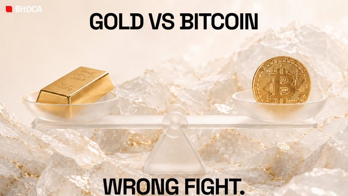 BitDCA advertisement titled 'GOLD VS BITCOIN' showing a gold bar and a Bitcoin coin balanced on a scale above quartz rocks, with the caption 'WRONG FIGHT.'