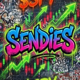 Vibrant graffiti-style wall featuring the bold word "SENDIES" in pink and blue bubble letters, overlaid with green upward-trending arrows and stock chart candlesticks, visually reinforcing the post's message about the $SENDIES token gaining upward momentum on Robinhood Chain via TheIndexFi.