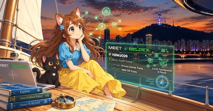 Anime-style illustration promoting 'BELDEX' cryptocurrency with text 'MEET BELDEX @ KBW2026 Seoul, South Korea,' featuring a cat-eared girl and black cat on a boat with a Seoul cityscape in the background.