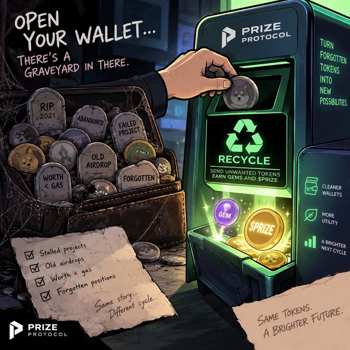 A promotional illustration for Prize Protocol featuring a recycling machine that converts forgotten/abandoned crypto tokens into gems and prizes, with a graveyard of failed projects on the left.