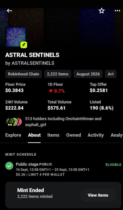 A mobile screenshot of an NFT collection page titled 'ASTRAL SENTINELS' on the Robinhood Chain, showing 2,222 items minted with a floor price of $0.3843 and various trading statistics.