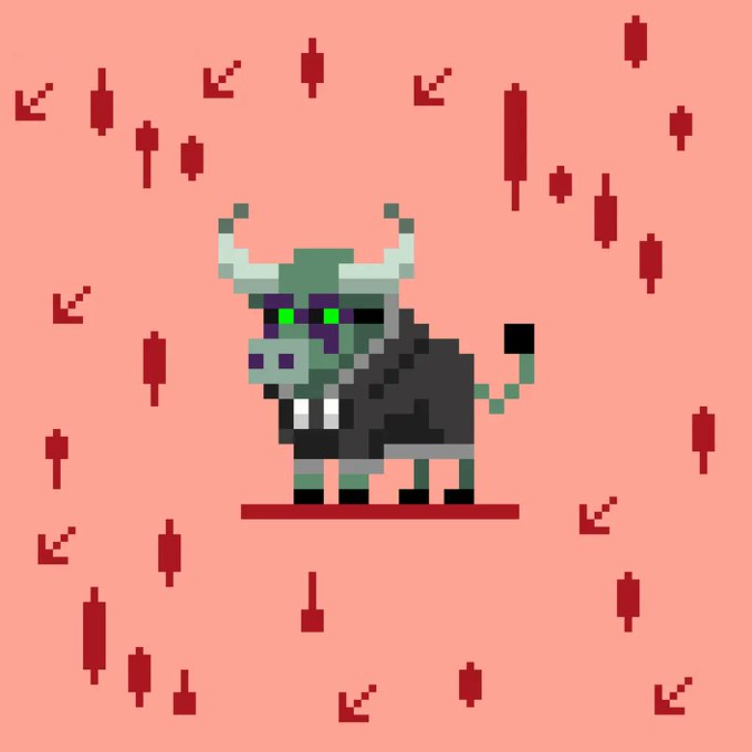 The image is a pixel art piece featuring a dark bull with glowing green eyes and white horns, standing against a pink background scattered with red candlestick patterns and downward arrows, symbolizing a bearish market trend. It ties into the post promoting "Infinite Bulls" NFTs, contrasting the traditionally bullish bull imagery with bearish market indicators to highlight trading opportunities on XRP Cafe.