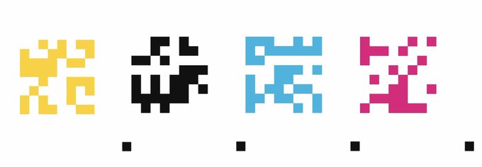 Four pixelated alien or creature icons in yellow, black, blue, and pink/magenta colors, each with a small black square beneath them.