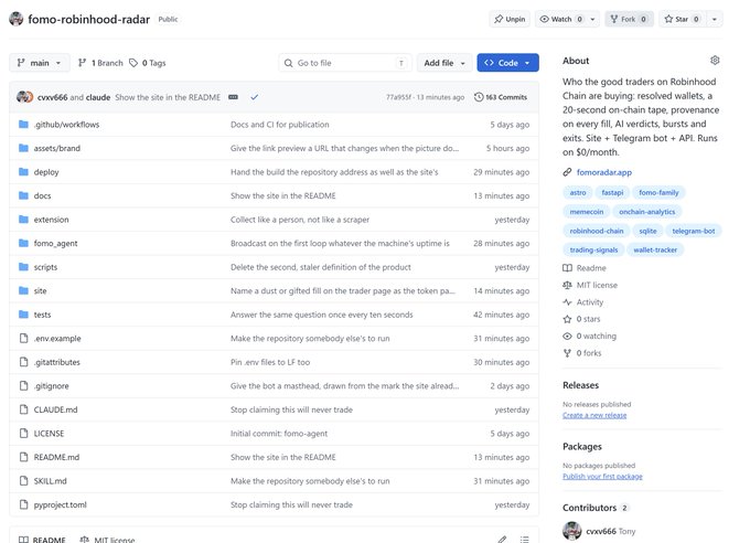 The image shows the GitHub repository page for "fomo-robinhood-radar" by user cvxv666, displaying 163 commits, 5 days ago, with a public MIT-licensed codebase—the same open-source project referenced in the post, which highlights its 17,476 lines of code built to track memecoin traders on Robinhood.