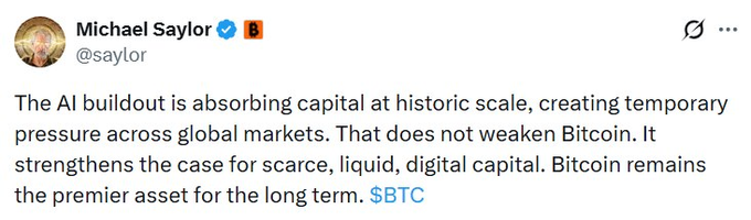 The image features a post by Michael Saylor that discusses the relationship between Bitcoin's capital requirements and its future value. The post includes a caption about Bitcoin's capital needs, which reads "Saylor: AI’s massive capital needs are creating short-term pressure on Bitcoin, but will strengthen its position long-term as scarce digital capital." This caption is related to the image by stating that Saylor has posted an image of himself with a caption about Bitcoin.