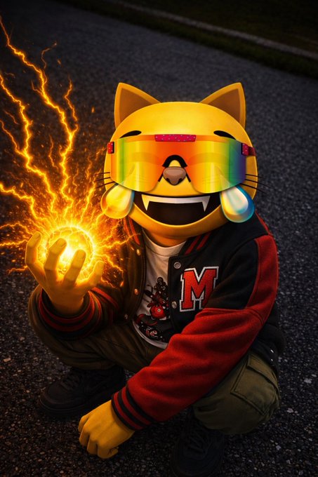 A yellow cat character wearing a rainbow visor and a black and red varsity jacket with an 'M' logo crouches on pavement while holding a glowing orb of orange lightning energy.