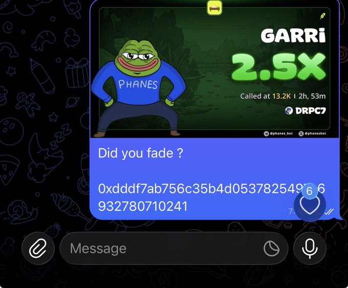 A screenshot of a Telegram message shows a Pepe the Frog meme labeled "PHANES" announcing "GARRI 2.5X" with text reading "Did you fade?" followed by a blockchain transaction hash (0xdddf7ab756c35b4d053782549...6932780710241). The image relates to the post's complaint about being excluded from Garri's 2.5X airdrop to early supporters, despite having 10k views on their post.