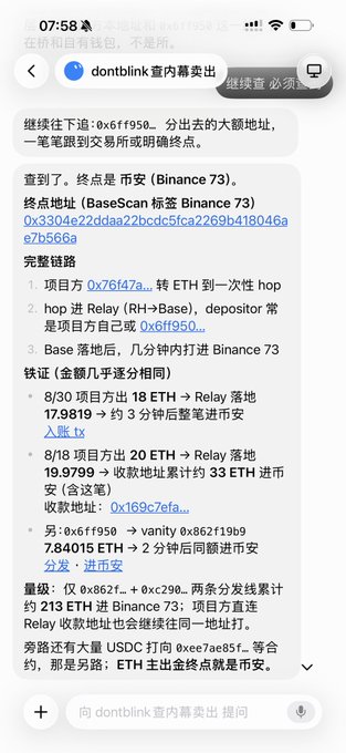 A WeChat screenshot displays an AI assistant ("dontblink 查内幕卖出") trace of large on-chain transactions showing funds funneled through contract 0x76f47a, relayed via 0x6ff950, and ultimately landing on Binance 73, with roughly 213 ETH reaching the exchange. The image visually supports the post's theme of community transparency and on-chain detective work around the alleged insider dump, while the post itself frames this activity as an attack that has instead galvanized the community.