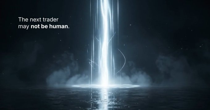 A dark, atmospheric image shows a bright vertical beam of light reflecting on water, with the text 'The next trader may not be human.' displayed on the left.