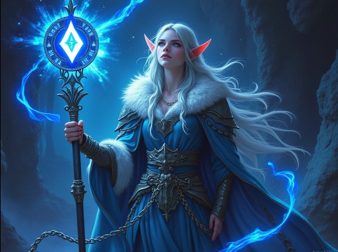 A fantasy illustration of a white-haired elf woman in blue robes with fur trim, holding a glowing blue magical staff topped with a diamond symbol.