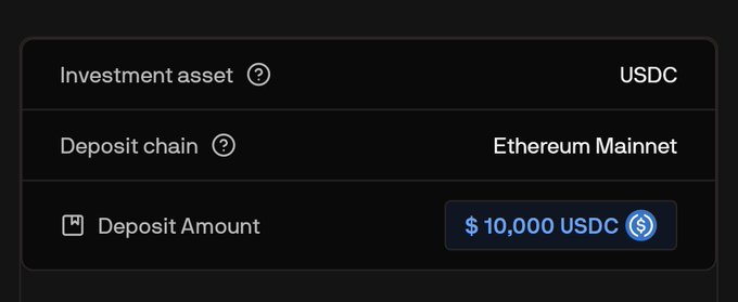 A crypto deposit interface showing a $10,000 USDC investment on the Ethereum Mainnet chain, which connects to the post's discussion about using CoW Swap's newly available TWAP orders to gradually sell a $10k Jump token airdrop allocation, minimizing price impact by splitting the exit across multiple swaps rather than dumping at once.