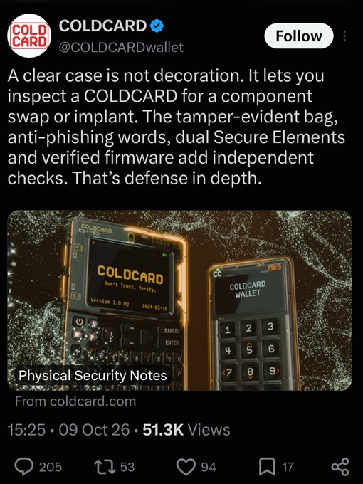 A tweet from COLDCARD (@COLDCARDwallet) discussing physical security features, showing two COLDCARD hardware wallets with a 'Physical Security Notes' link.