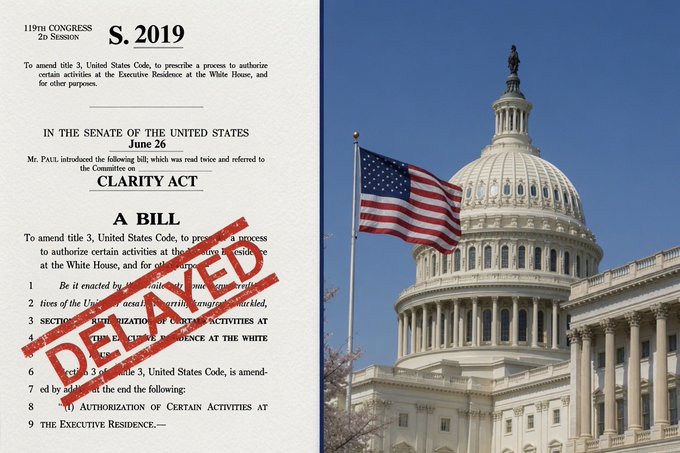 The image shows U.S. Senate bill S.2019, the "CLARITY Act," stamped with a red "DEFEATED" mark alongside a photo of the U.S. Capitol building with an American flag, symbolizing the legislation's failure. This visually reinforces the post's urgent warning that the CLARITY Act has not been scheduled for a vote, with only two days left before the August recess.