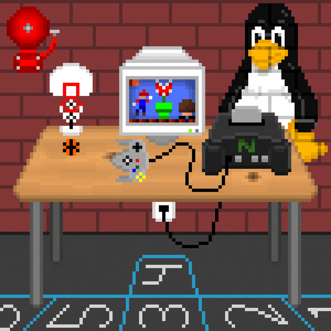 A pixel-art scene showing a penguin, mushroom, and ghost characters around a desk with an old computer, game controller, and CRT monitor displaying a Mario-style game.