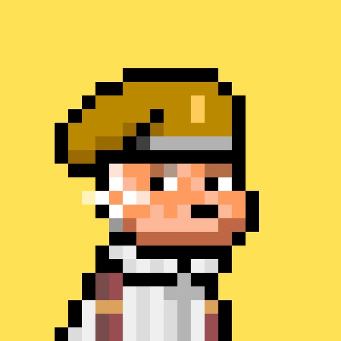 A pixel art character in a chef's outfit and golden-yellow cap is depicted against a yellow background, with the dog-themed Bitcoin Ordinals meme imagery reflecting the humor of sleeping soundly while holding $doginaldogs NFTs.