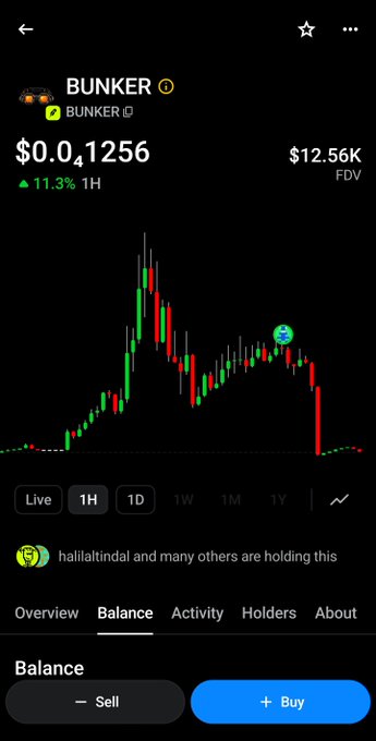 Crypto price tracking app screenshot showing BUNKER at $0.01256 with 11.3% increase and a candlestick price chart in red and green.